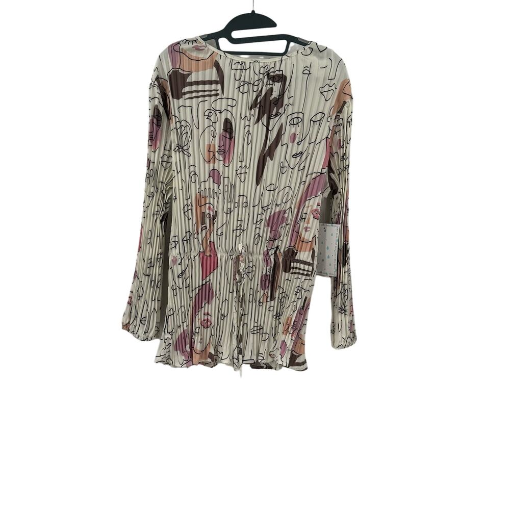 Sweet Rain Cream Pleated Abstract Floral Blouse with Pink & Brown Accents